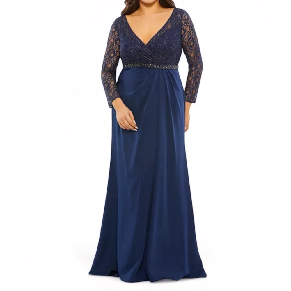 Mac Duggal Blue V-Neck Gown with 3/4 Cuffed Sleeves